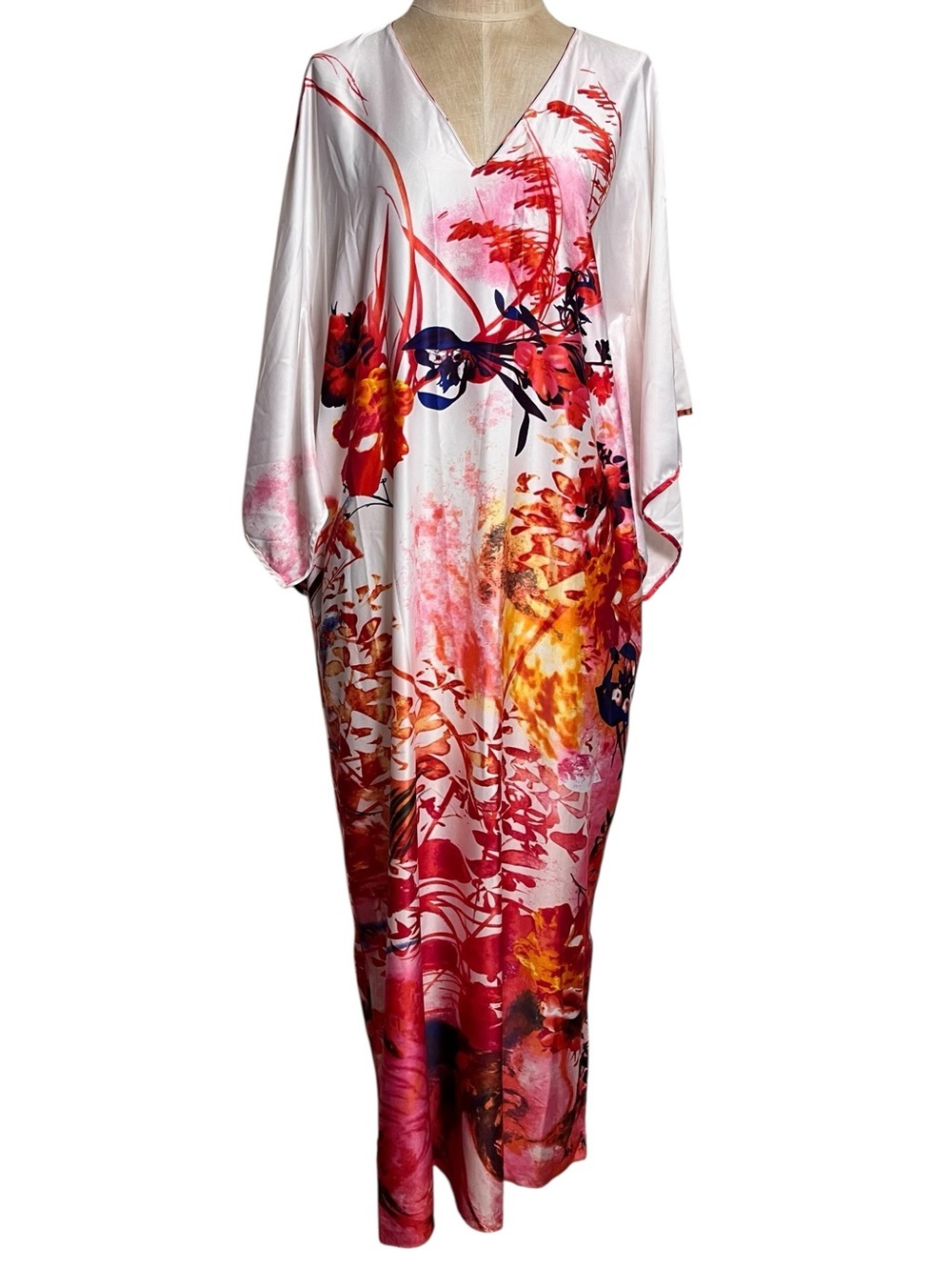 Natori Floral Watercolor Caftan Maxi Dress Kimono Sleeve V-Neck Lounge Kaftan